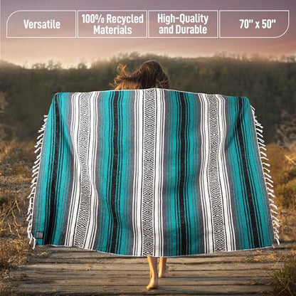 Authentic Extra Large Mexican Blanket - 70"x50" Handwoven Yoga, Serape, Artisanal Falsa, Beach, Camping, Picnic, Outdoor Blanket (Emerald) - color: Emerald