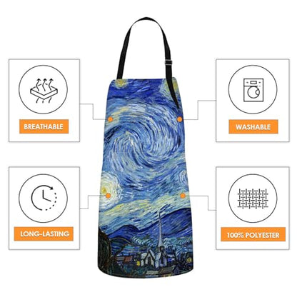 Apron with Pockets, 32x28 inch, for Women Men, Blue | Starry Night Oil Painting Waterproof Adjustable Bib Aprons for Kitchen Cooking Baking Painting Gardening - color: Van Gogh Oil Painting