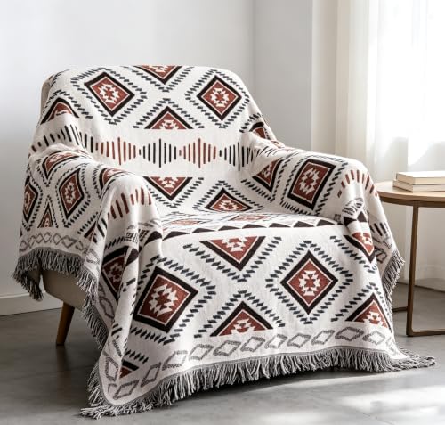 Luxlovery Beige Bohemian Sofa Throw Blankets Ethnic Woven Boho Geometric White and Khaki Throw Blanket for Couch Aztec Bed Throws Oversized Chair Sofa Cover with Tassels(51"x70") - color: Mocha, size: 51"x70",130x180cm