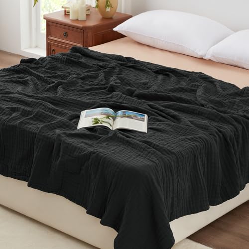Love's cabin 100% Cotton Muslin Blanket, 6 Layer Lightweight Breathable Gauze King Size Blanket 108 x 90 Inches, Soft Summer Blanket for Bed, Black - color: Black, size: King(108"x90")