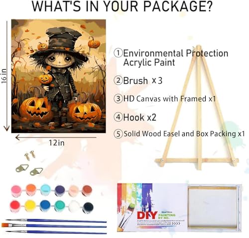 Halloween Paint by Numbers for Adults with Framed Canvas-with Wooden Easel,Paint by Numbers Kits Framed Canvas,DIY Acrylic Oil Painting Kits with Brushes Nice Gift Box for Home Wall Decor(12x16 Inch) - color: DKH120