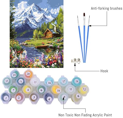LWZAYS Mountain Paint by Numbers Kit for Adults Beginner, Cabin Adult Paint by Number Kits on Canvas, Mountain Landscape Acrylic Paint by Number Kit for Gift Decor - 16x20Inch