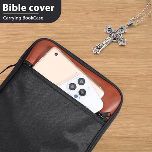GERMUN Bible Cover with Durable Handle, Carrying Book Case Church Bag Bible, Protective with Zippered Pocket, Bible Accessories Supplies, Book Protector for Book Lovers, BlackBrown