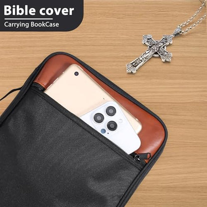 GERMUN Bible Cover with Durable Handle, Carrying Book Case Church Bag Bible, Protective with Zippered Pocket, Bible Accessories Supplies, Book Protector for Book Lovers, BlackBrown