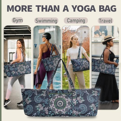 Yoga Mat Bag Yoga Tote Bag with Large Waterproof Zipper Pocket and Drawstring Pocket Yoga Mat Bag Carrier Fit Most Size Mats and All You Stuff - color: dark blue green
