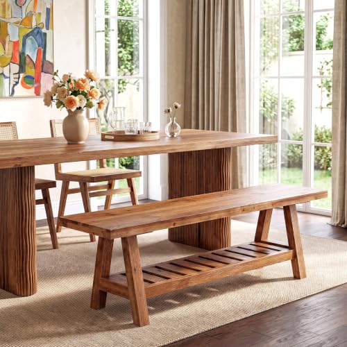 Solid Wood Dining Bench, 55-Inch Long Bench with Open Storage Shelf, 2-Tier Farmhouse Indoor Seating for Dining Room, Kitchen and Small Spaces, Brown