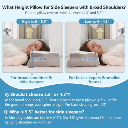 Cervical Pillow for Neck Pain Relief, 5.5"/4.3" Dual Loft Memory Foam Pillow for Side,Back Sleepers with Broad Shoulders,Orthopedic Contour with Cooling Cover, Medium Firm,White,23.6x15.7 in