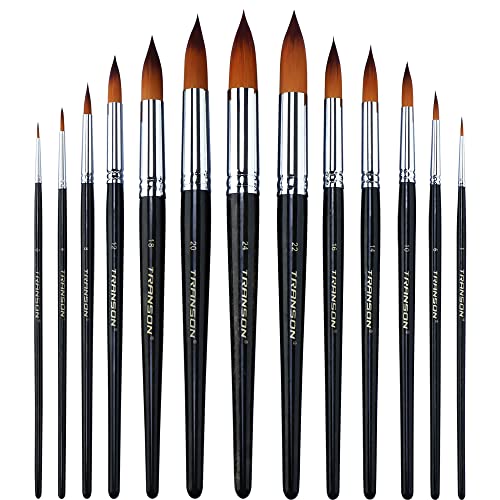 Transon 13pcs Round Paint Brush Set Synthetic Bristle Complete Round Brush Set for Watercolor Acrylic Gouache Ink Tempera - size: Round 13 PCS