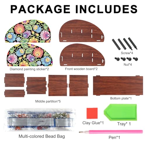 Diamond Painting Storage Box, DIY 5D Floral Leaf Design Multi-Compartment Wooden Diamond Art Organizer for Makeup Brushes Pens TV AC Remotes Desktop Tabletop Decoration - color: Floral & Leaf
