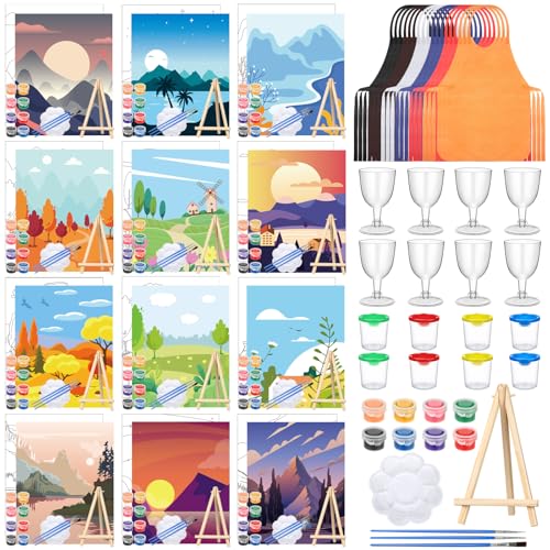 Sherr 96 Pcs 12 Sets Pre Drawn Canvas Kit for Painting Craft Sip and Paint Kit for Adults Pre Printed Canvas Painting Favor for DIY Birthday Gifts Adult's Date Party, 8 x 10 Inches(Landscape) - style: Landscape