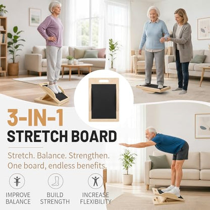 3-in-1 Wooden Slant Board, Calf Stretcher & Balance Board | Adjustable 5-level wooden slant board & wobble board for squats, physical therapy, calf stretching & balance training.