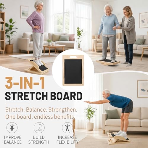 3-in-1 Wooden Slant Board, Calf Stretcher & Balance Board | Adjustable 5-level wooden slant board & wobble board for squats, physical therapy, calf stretching & balance training.
