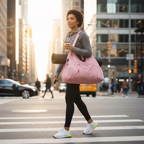 Forestfish Gym Bag For Women With Yoga Mat Holder, Pink | Shoe Compartment, Wet Dry Storage Pocket, Removable Shoulder Strap, Lightweight & Water Resistant - color: Pink