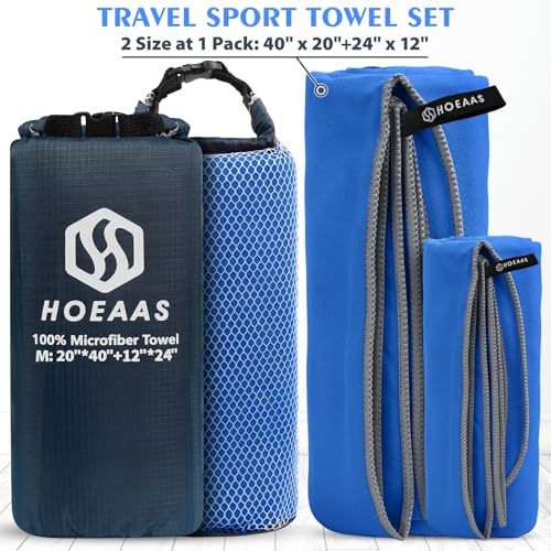 HOEAAS 2 Pack Microfiber Camping Towels, Quick Dry Towel, Super Absorbent Ultra Compact Travel Towel Soft Lightweight Sports Towel for Sweat Fast Drying Towels for Pool,Gym,Hiking,Backpacking,Fitness - color: Dark Blue, size: M: 40" x 20"+24" x 12"