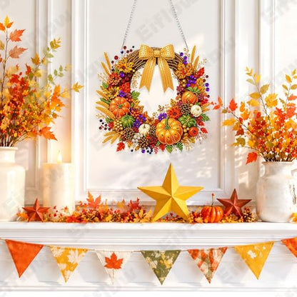 Eiflow Hanging Diamond Art Fall Wreath Kit for Adults DIY Acrylic Diamonds Craft Painting Ornament Pumpkin Kit, Special Crystal Autumn Diamond Art Painting Window Door Hanging Pendant - color: Wreath
