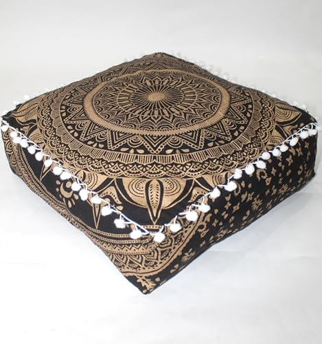CRAFT KALA 40.6cm 정사각형 대형 히피 만다라 명상 바닥 오토만 베개 쿠션 푸프 커버 스퀘어 푸프 보헤미안 원형 바닥 쿠션 케이스 야외 벽난로 요가 거실 장식 블랙 골드 - color: 블랙 골드., size: 16"D x 16"W x 5"H