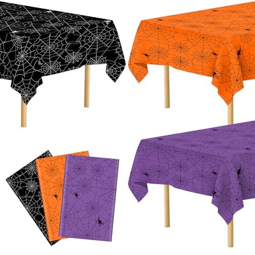 3 Pcs Halloween Tablecloth - Multicolor Spider Web Table Cloths, Disposable Rectangle Plastic Spiderweb Table Cover for Halloween Party Decorations Supplies Favors Tables Decor, 108 x 54 Inch - color: Halloween