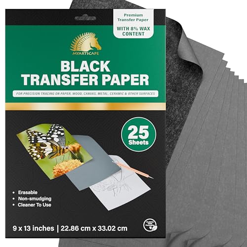 MyArtscape Graphite Transfer Paper 9" x 13" 25 Black Waxed Sheets | Waxed Carbon Paper Graphite Paper with 25 reusable sheets for tracing on canvas, wood, paper, metal and ceramic