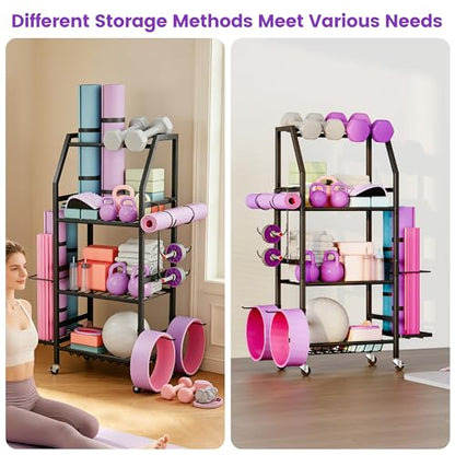 Homeiju Dumbbell Rack, Weight Rack for Home Gym, Yoga Mat Storage Holder with Lockable Wheels, Dumbbell Stand with Hooks, All in One Work out Equipment Storage for Yoga Mat Dumbbell and Balls - size: 4-Tier
