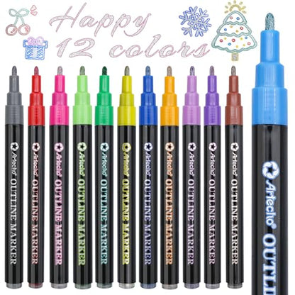 Artecho 12 Colors Self-Outline Metallic Markers | Professional Double Line, Shimmer Pens, Calligraphy, Illustration & Artist-Grade DIY Crafts