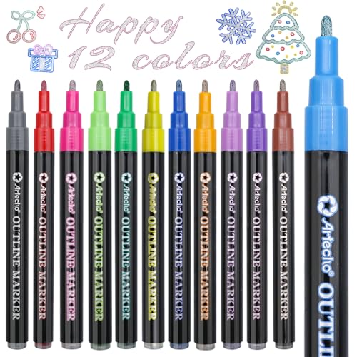 Artecho 12 Colors Self-Outline Metallic Markers | Professional Double Line, Shimmer Pens, Calligraphy, Illustration & Artist-Grade DIY Crafts