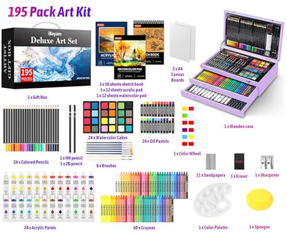 iBayam Art Supplies,195 Pack Deluxe Art Set Drawing Painting Supplies Kits | Acrylic Pad, Watercolor Pad, Sketch Book, Canvases, Acrylic Paint, Crayons, Pencils, Gifts for Kids Teen Girls Artist Adults - color: Purple