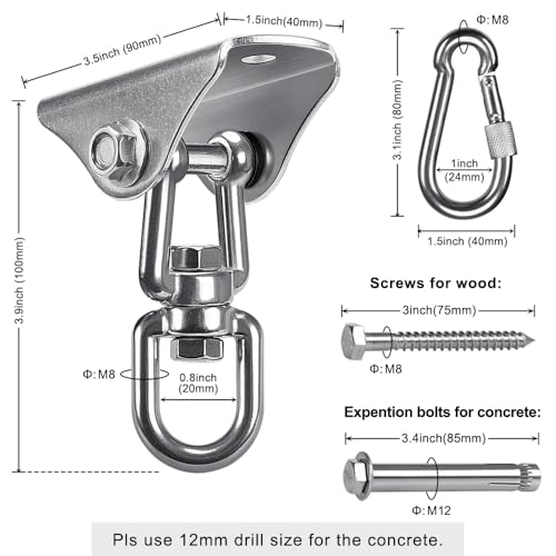 SELEWARE Swing Hangers Heavy Duty Ceiling Swing Mount with Carabiners 2 Pcs | Stainless Steel Swing Hooks 360° Swivel Swing Hardware for Porch Swing Hammock Chair Heavy Bag Yoga Silk 1000 LB Capacity - color: Silver-360° Swing Hanger With Carabiners (2 Pa