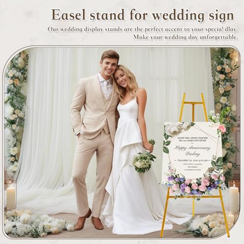57.1" Gold Easel Stand for Sign,Tall Heavy Duty Display Easel | Folding Metal Easel for Wedding Welcome Sign,Poster，Mirror, Painting，Art Display, Photo, 4-Tier Height ，Adjustable Chain - size: high--57.1"