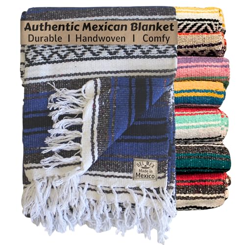 Del Mex Classic Mexican Blanket, Large Authentic Woven Falsa Throw (70"x50"), Artisan Southwest Décor for Beach, Yoga, Outdoors (Blue) - color: Blue