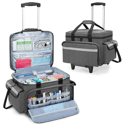 Trunab Rolling Medical Bag with Trolley & Dividers, Nurse Responder Tote - color: Grey