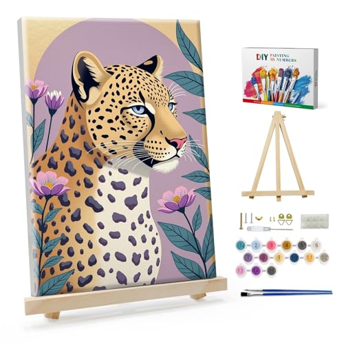 SparkGlow Leopard Paint by Numbers Kit for Adults with Frame, 8×12 Inch | Beginners Fridendly, HD Canvas, Include Easel, Vibrant Acrylic Colors, Number Painting for Gifts, Wall Decor, Relax and Fun - color: Leopard019