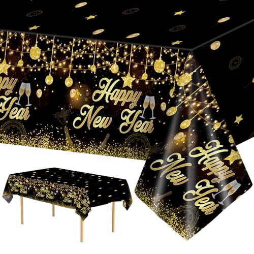3 Pack New Years Tablecloths - Happy New Year Plastic Tablecloth Set, Black and Gold Disposable New Year's Table Cloth Cover Rectangle for 2026 New Years Eve Party Supplies Decorations, 108x54 Inch - color: New Year