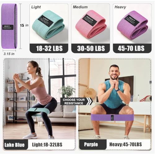 3 Level 18–70 LBS Fabric Resistance Bands, Workout Exercise Bands for Women | Thick Non-Slip Cloth Booty Bands for Legs Glutes Hips, Yoga Pilates Home Gym Training Physical Therapy Rehab