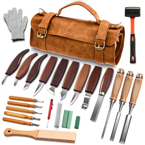 SakerNeo 25-Piece Wood Carving Kit Whittling Kit with Leather Storage Bag | Wood Carving Tools wood carving set Includes Gouges, Chisels, Knives – Ideal Woodworking Set for Beginners & DIY Gift - color: Brown 25pcs