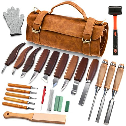 SakerNeo 25-Piece Wood Carving Kit Whittling Kit with Leather Storage Bag | Wood Carving Tools wood carving set Includes Gouges, Chisels, Knives – Ideal Woodworking Set for Beginners & DIY Gift - color: Brown 25pcs