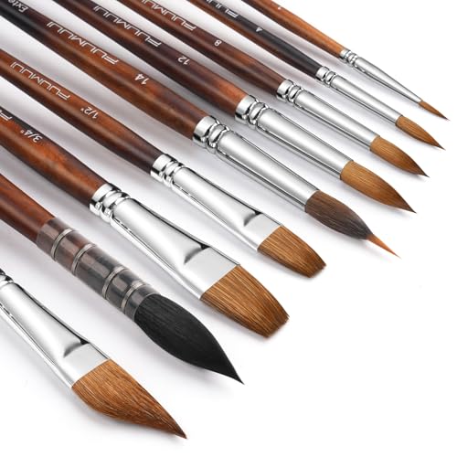 Watercolor Brushes Professional, Fuumuui 9pcs Sable Paint Brushes & Natural Squirrel Mop Brush Set with Extended Needle, Round Point, Flat, Dagger, Quill Wash for Watercolor Gouache Inks - color: Bronze