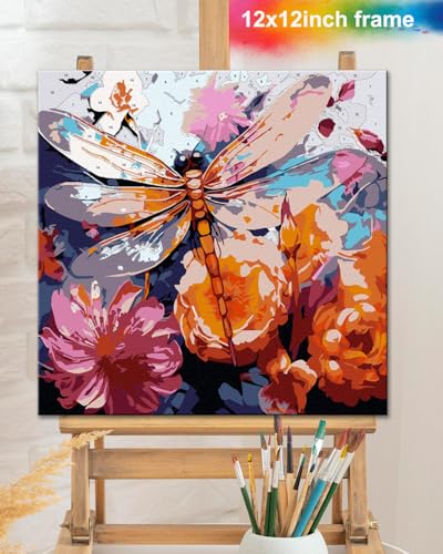 TOCARE Framed Paint by Numbers Kit for Adults Beginners,12x12inch Dragonfly Paint by Number with Frame,Flowers Paint by Numbers Framed Canvas(Without Easel) - color: TC-F-225