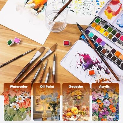 Watercolor Brushes Professional, Fuumuui 9pcs Sable Paint Brushes & Natural Squirrel Mop Brush Set with Extended Needle, Round Point, Flat, Dagger, Quill Wash for Watercolor Gouache Inks - color: Bronze