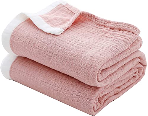 SE SOFTEXLY Muslin Throw Blanket, 4-Layer Dyed Yarn, 60”x80”, Coral Pink - color: Coral Pink, size: Twin-60" x 80"