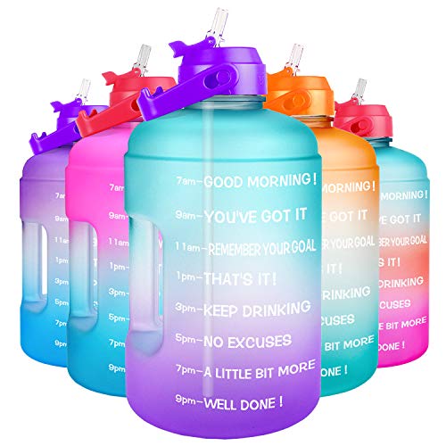 QuiFit 1 Gallon Water Bottle - with Straw & Motivational Time Marker Leak-Proof BPA Free Reusable Gym Sports Outdoor Large(128OZ/73OZ) Capacity Water Jug - color: QFA3 Green/Purple Gradient, size: 128 Ounces