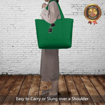 TOPDesign 1-Pack Canvas Tote Bag with an External Pocket, Reusable Grocery Shopping Bag, Top Zipper Closure, Daily Essentials (Green) - color: Green