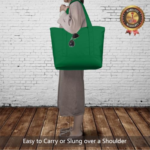 TOPDesign 1-Pack Canvas Tote Bag with an External Pocket, Reusable Grocery Shopping Bag, Top Zipper Closure, Daily Essentials (Green) - color: Green