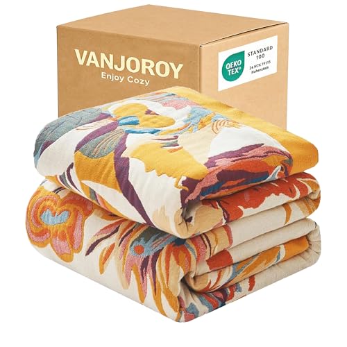 VANJOROY Boho 담요, 100% 유기농 면 127x152.4cm(50x60인치), 카우치 베 - color: 꽃-나비, size: 담요(50 x 60인치)