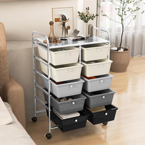 LDAILY 10 Drawer Rolling Cart, Storage Cart Organizer on Wheels, Drawer Cart with Metal Frame & Large Storage Capacity, Rolling Cart with Drawers for Living Room Classroom, Office - color: Gradient Gray, size: 10 Drawer