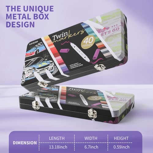 SAVZJSD 40 Colors Alcohol Markers, Premium Dual Tip Markers Set with Metal Box for Artists, Adults in Coloring & Painting (Brush & Fine - color: dark color scheme