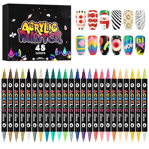 Kalolary 48 Color Nail Art Markers Set 3D Nail Art Pens Point Nail | Graffiti Dotting Pen Quick-Drying Waterproof Double Headed Acrylic Paint Pens Set for DIY Nails Art Design - color: 48 Color - C