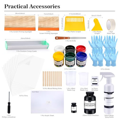 Caydo 66 PCS All-in-One Screen Printing Kit - 50W LED UV Exposure Screen Printing Light, Screen Printing Ink, Screen Printing Photo Emulsion, Instructions with 15.7x12.2inch Screen Printing Press