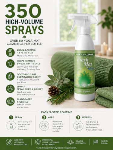 Fresh Mat Yoga Mat Cleaner Spray - Natural Deodorizing Cleaner for Yoga Mats & Fitness Equipment - No-Rinse, Residue-Free Formula with Witch Hazel & Essential Oil, Soothing Sage Cedarwood (12 fl oz). - size: 12 Fl Oz (Pack of 1)