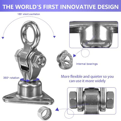 1500 LBS Heavy Duty Swing Hanger | 304 Stainless Steel Swivel Hanging Hardware with Oval Hooks | for Porch Swing, Hammock, Punching Bag, Playground,Hanging Chair (3 holes-360°+180°) - size: 3 holes-360°+180°