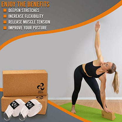 Stretching Straps and Yoga Blocks - Yoga Beginner Kit for Pilates & Gym
